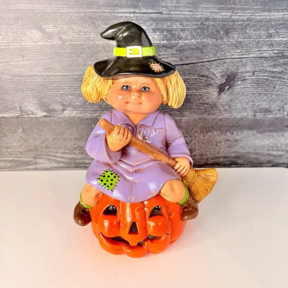 Vintage Ceramic Cabbage Patch Kids Halloween Witch Sitting on Pumpkin Figurine